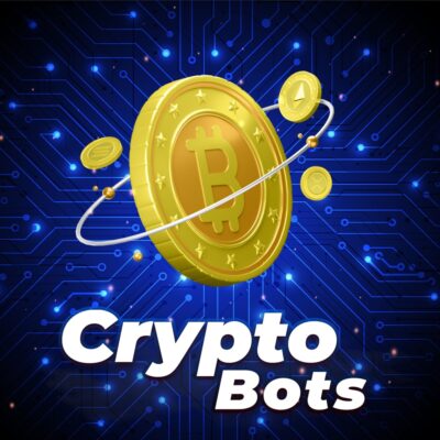 Illustration of cryptocurrency coins surrounded by digital circuits, representing automated crypto trading bot development services.